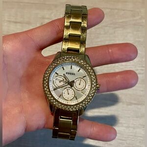 Fossil Women’s Gold Tone Crystal Bezel Watch with Mother of Pearl Dial